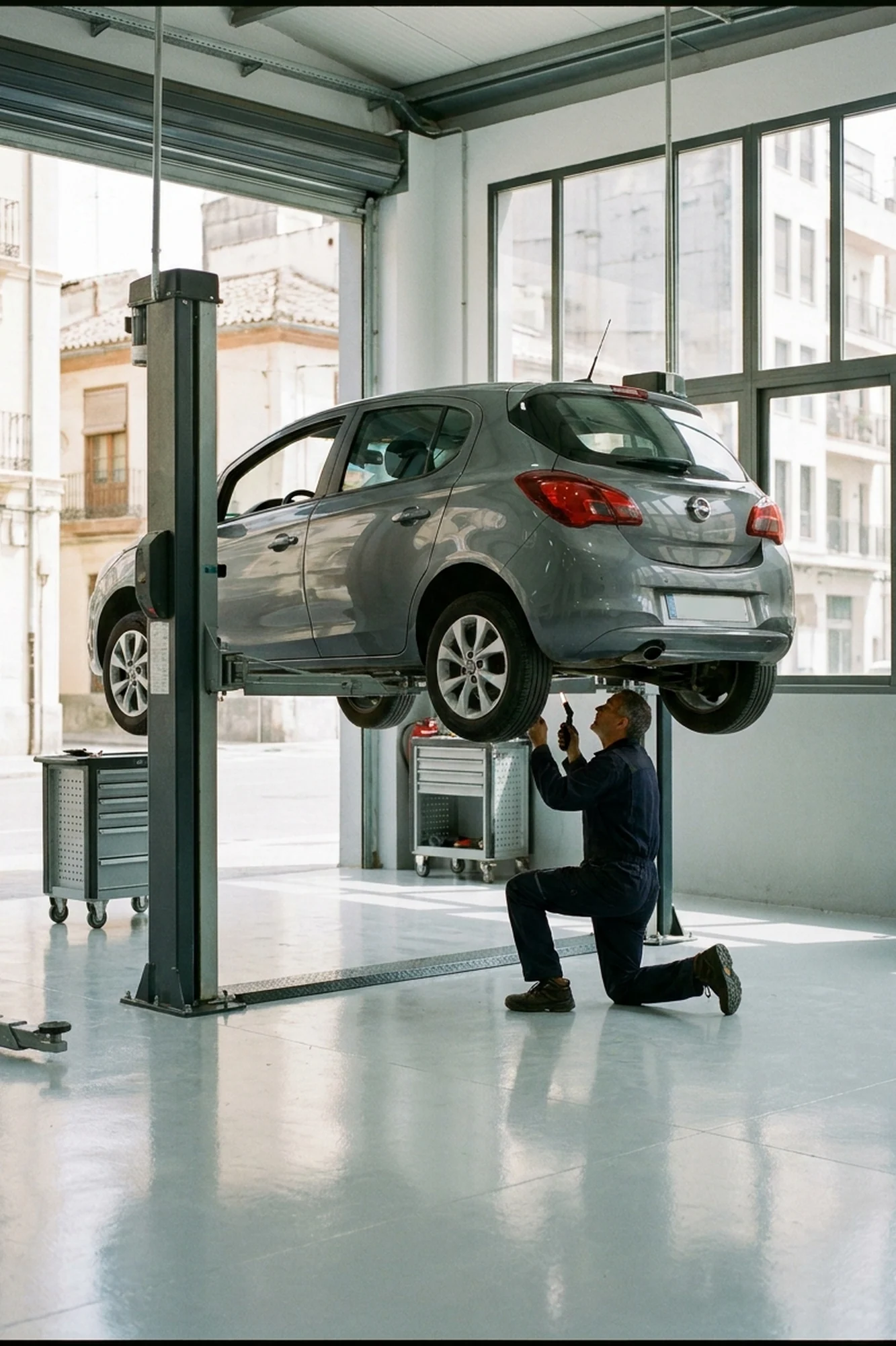 Coche sobre el elevador en el taller de Taller Delta